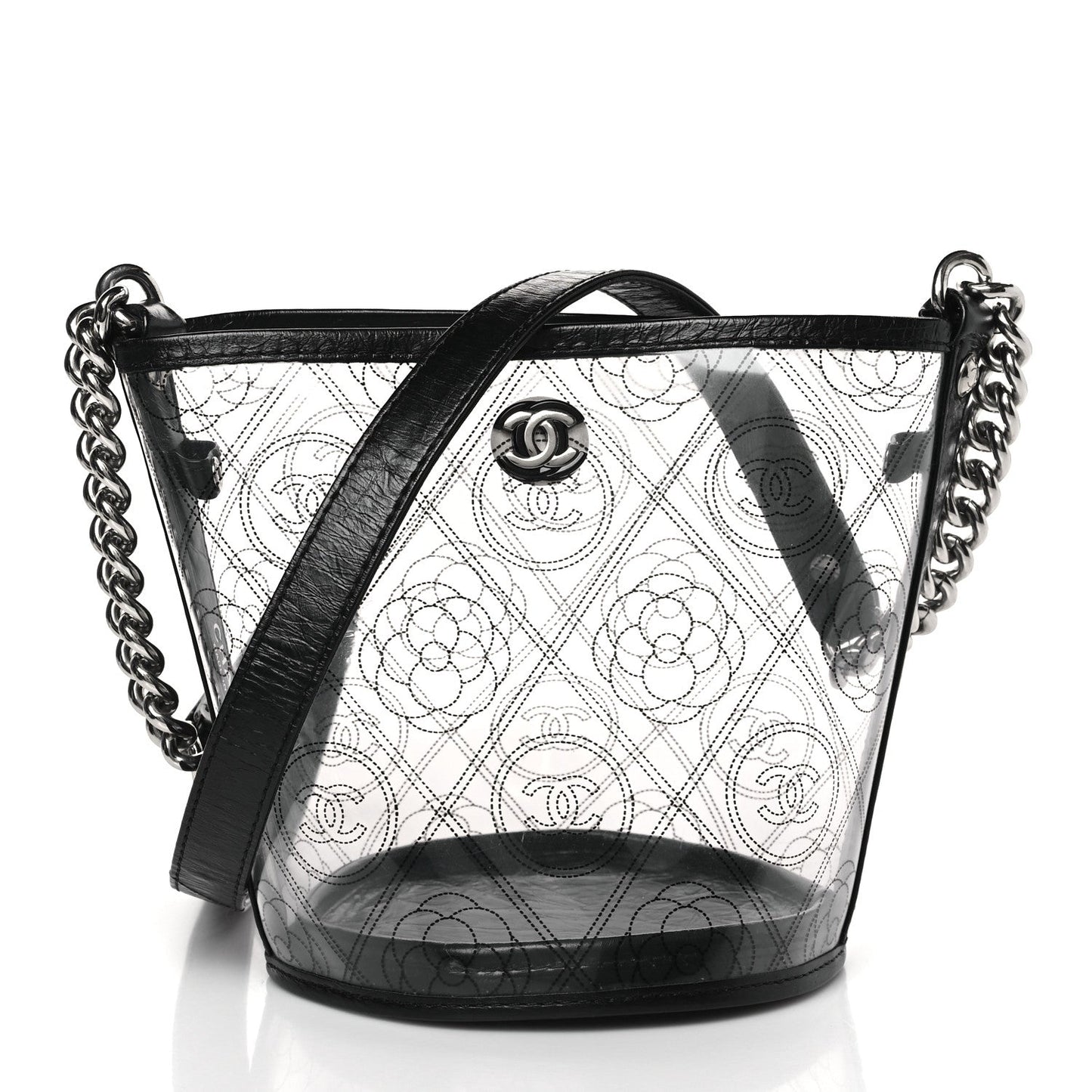 CHANEL CRUMPLED CALFSKIN PVC CAMELLIA BUCKET BAG
