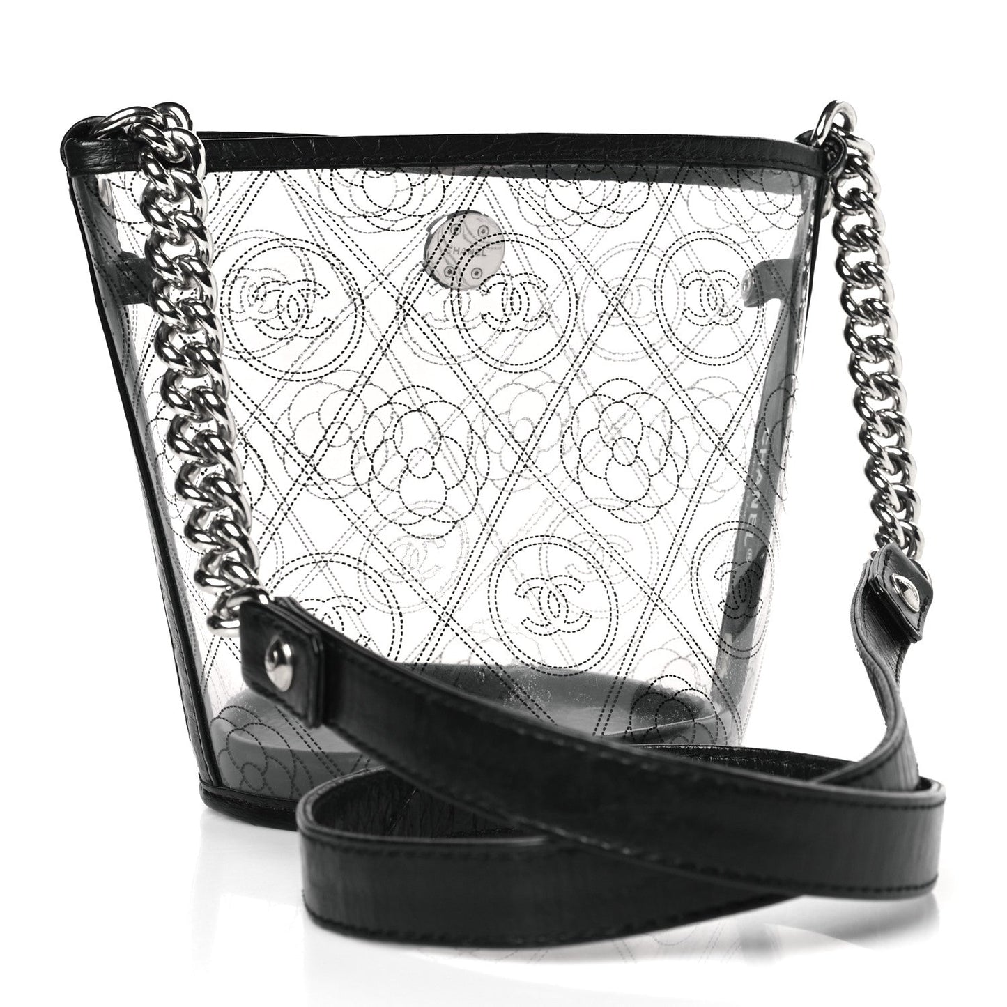 CHANEL CRUMPLED CALFSKIN PVC CAMELLIA BUCKET BAG
