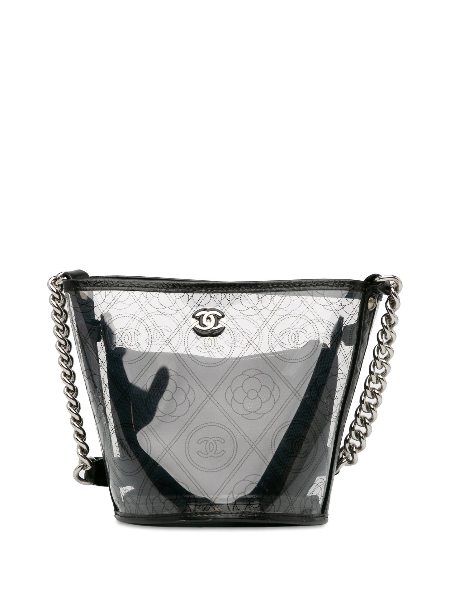 CHANEL CRUMPLED CALFSKIN PVC CAMELLIA BUCKET BAG