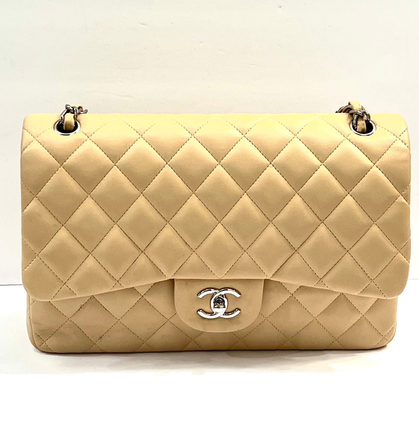 CHANEL QUILTED LAMBSKIN DOUBLE FLAP BEIGE SHOULDER BAG