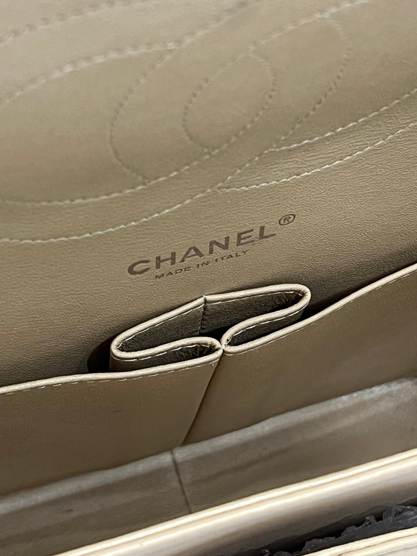 CHANEL QUILTED LAMBSKIN DOUBLE FLAP BEIGE SHOULDER BAG