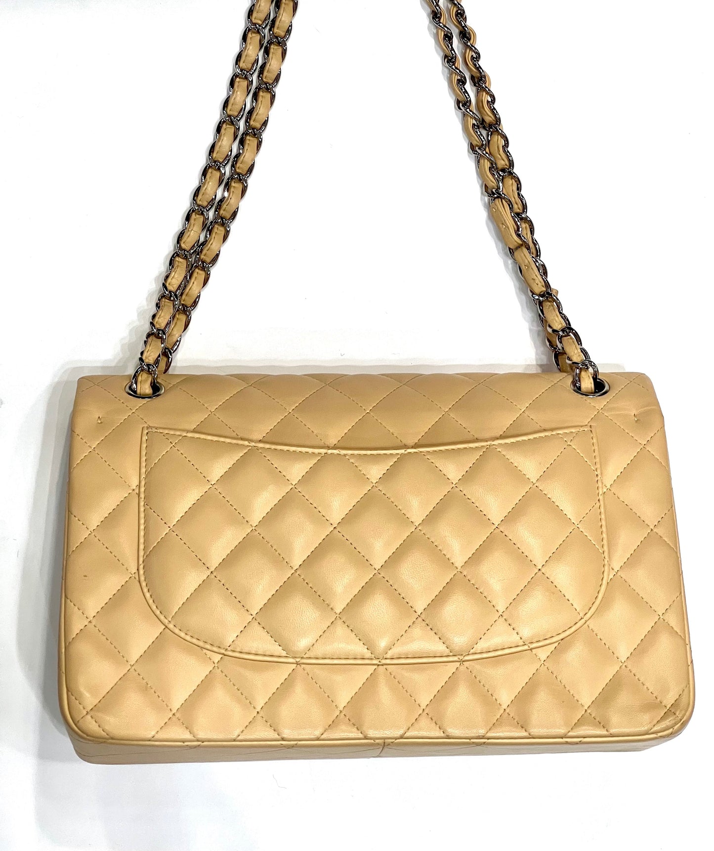 CHANEL QUILTED LAMBSKIN DOUBLE FLAP BEIGE SHOULDER BAG