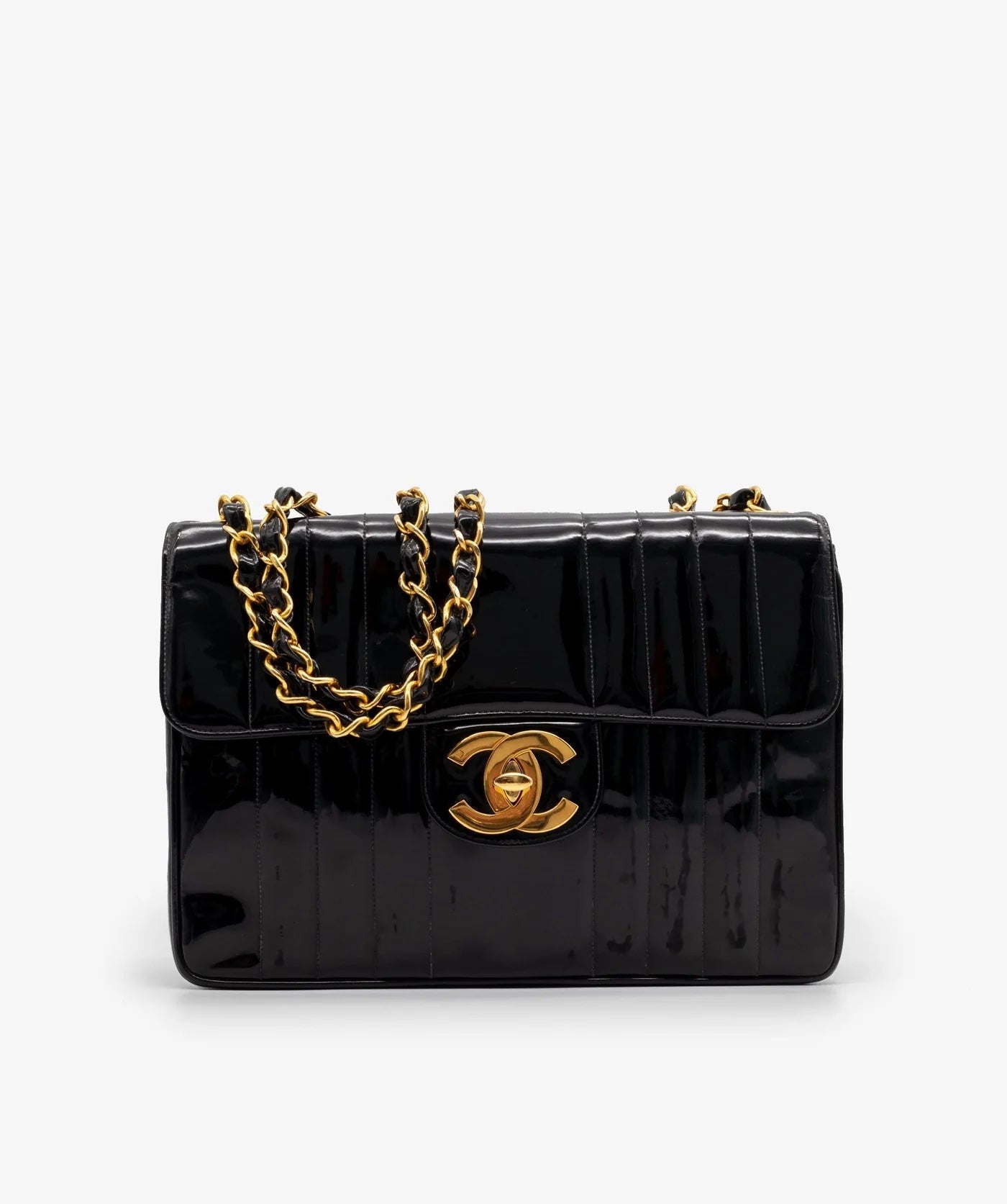 CHANEL JUMBO MADEMOISELLE VERTICAL QUILT VINTAGE PATENT LEATHER BAG