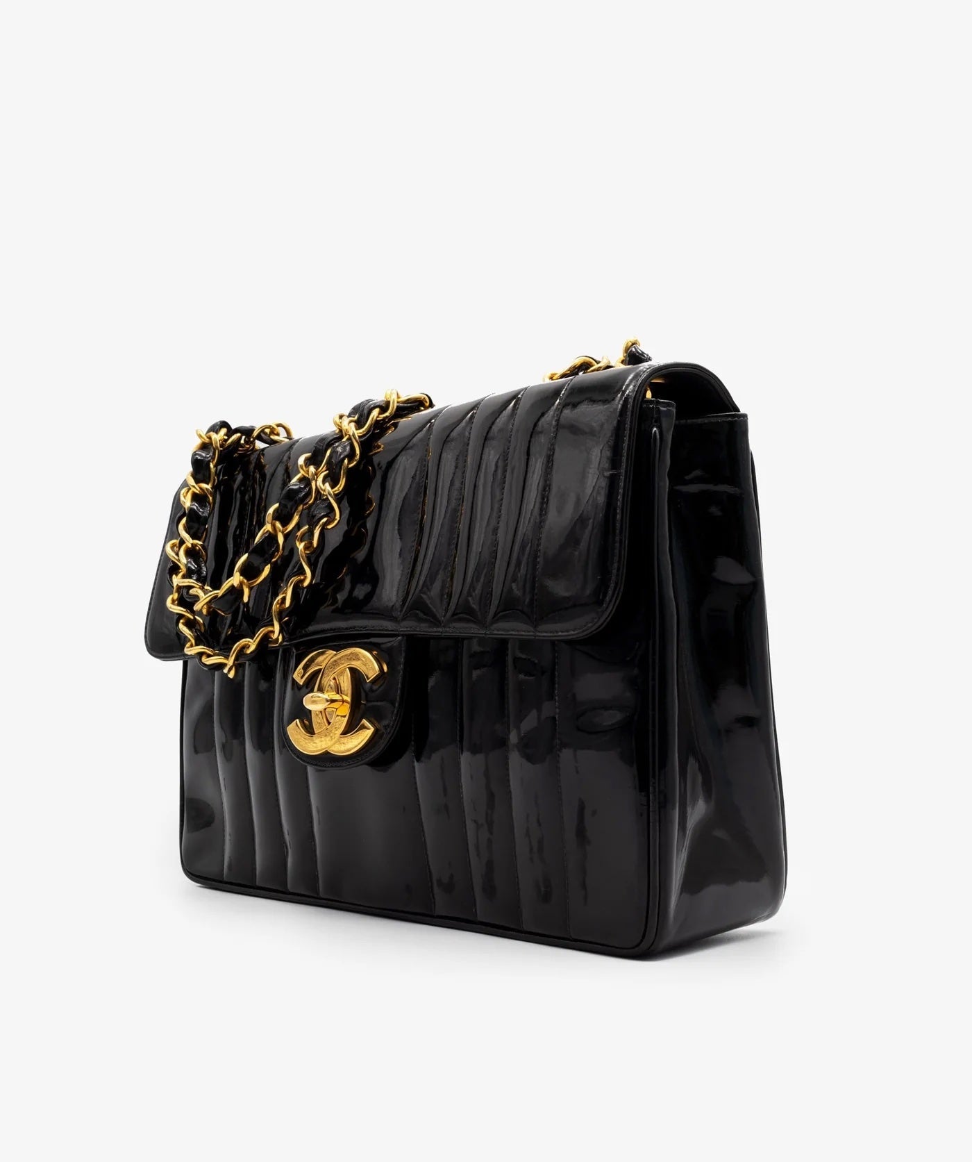 CHANEL JUMBO MADEMOISELLE VERTICAL QUILT VINTAGE PATENT LEATHER BAG