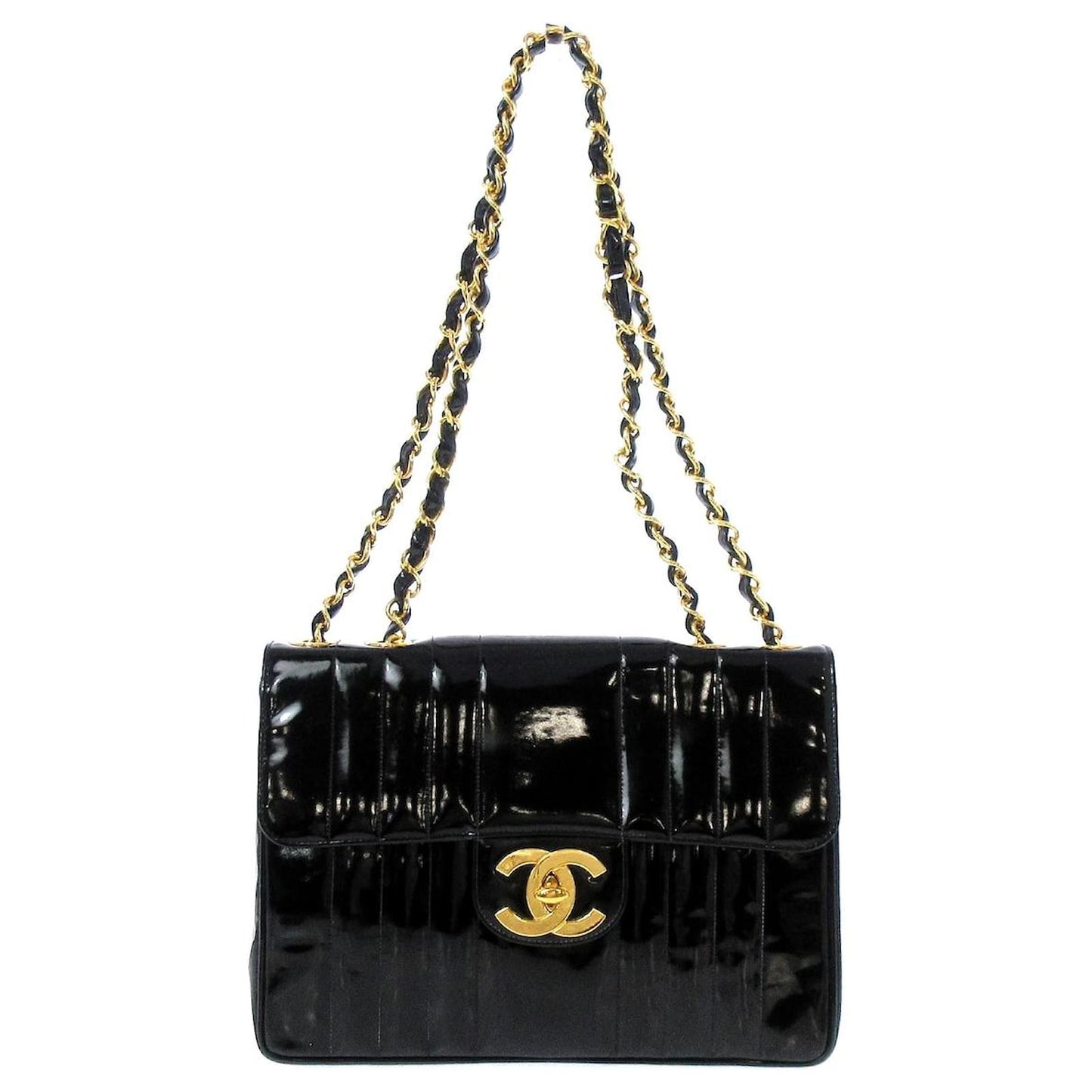 CHANEL JUMBO MADEMOISELLE VERTICAL QUILT VINTAGE PATENT LEATHER BAG