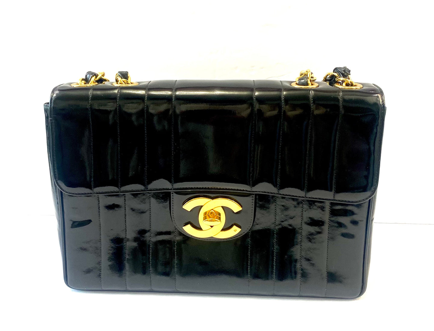 CHANEL JUMBO MADEMOISELLE VERTICAL QUILT VINTAGE PATENT LEATHER BAG