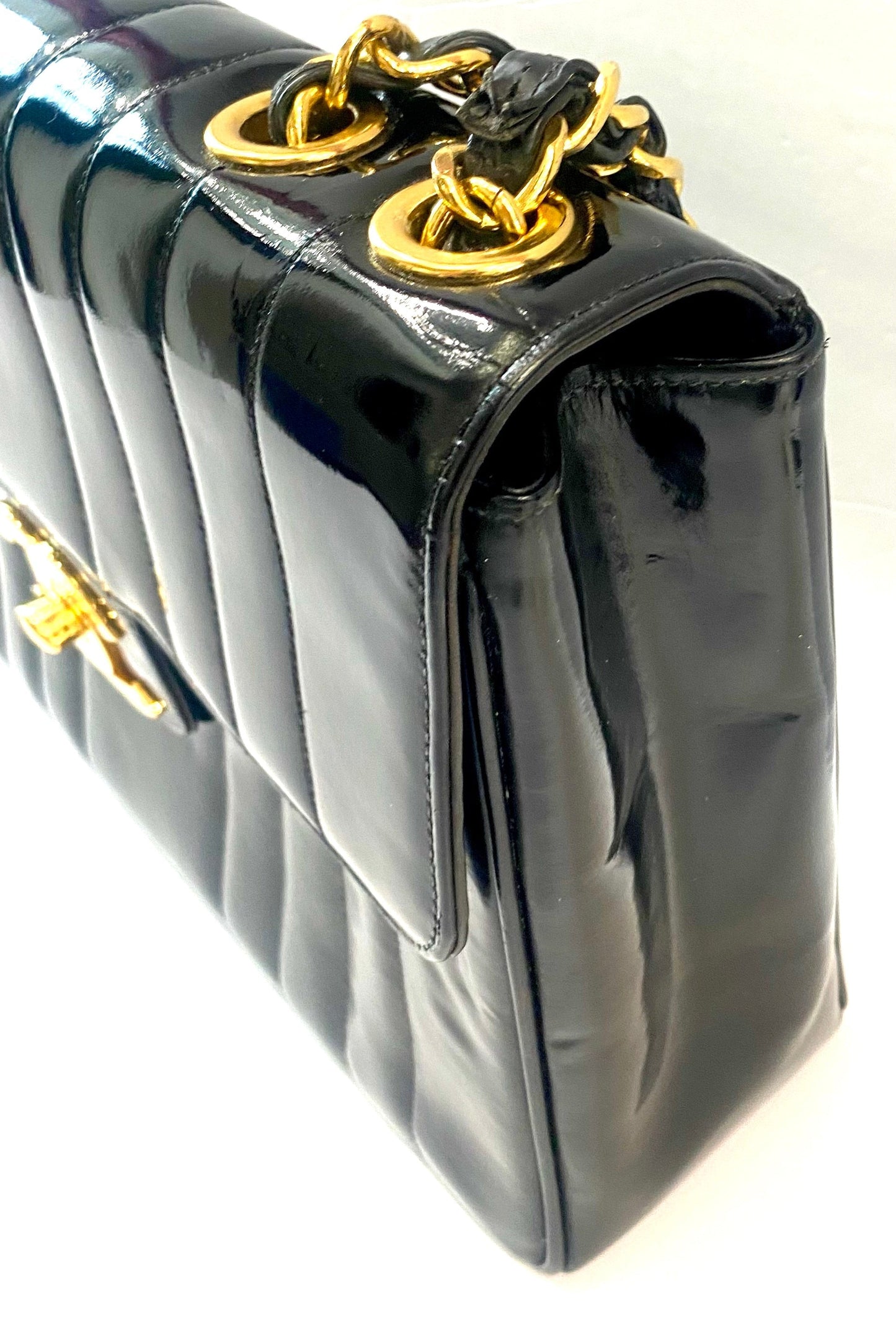CHANEL JUMBO MADEMOISELLE VERTICAL QUILT VINTAGE PATENT LEATHER BAG