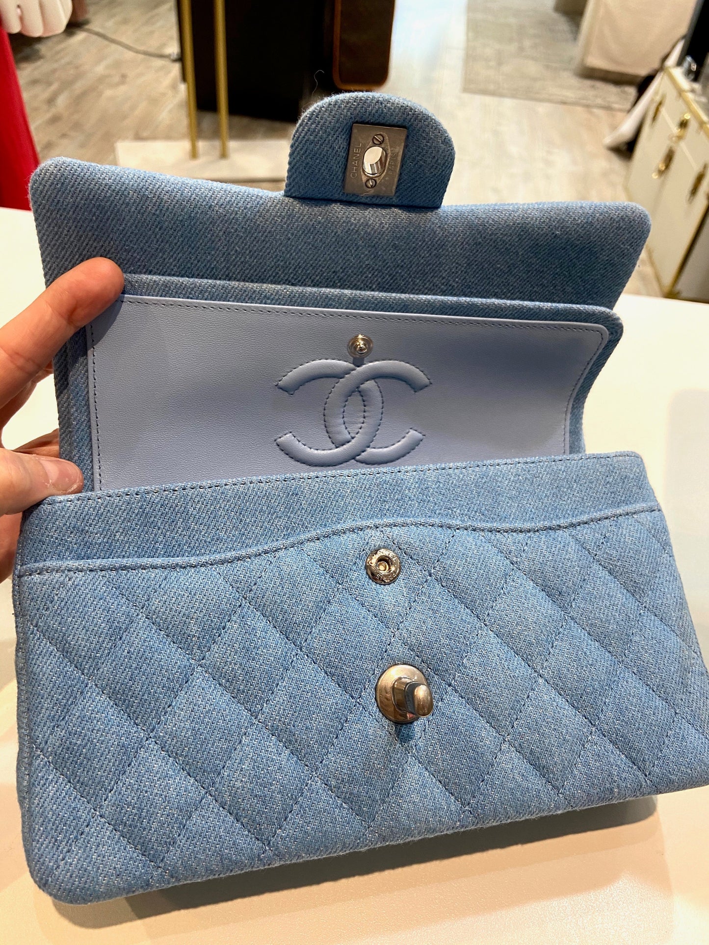 CHANEL QUILTED DENIM MEDIUM CLASSIC DOUBLE FLAP BAG