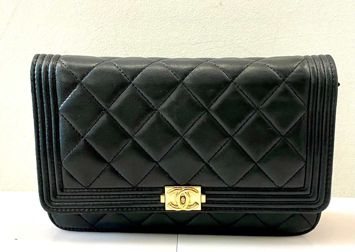 CHANEL QUILTED LAMBSKIN BOY WALLET ON CHAIN