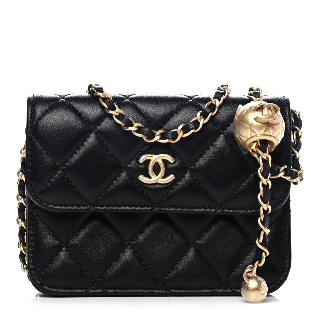 CHANEL QUILTED LAMBSKIN PEARL CRUSH MINI WALLET ON A CHAIN