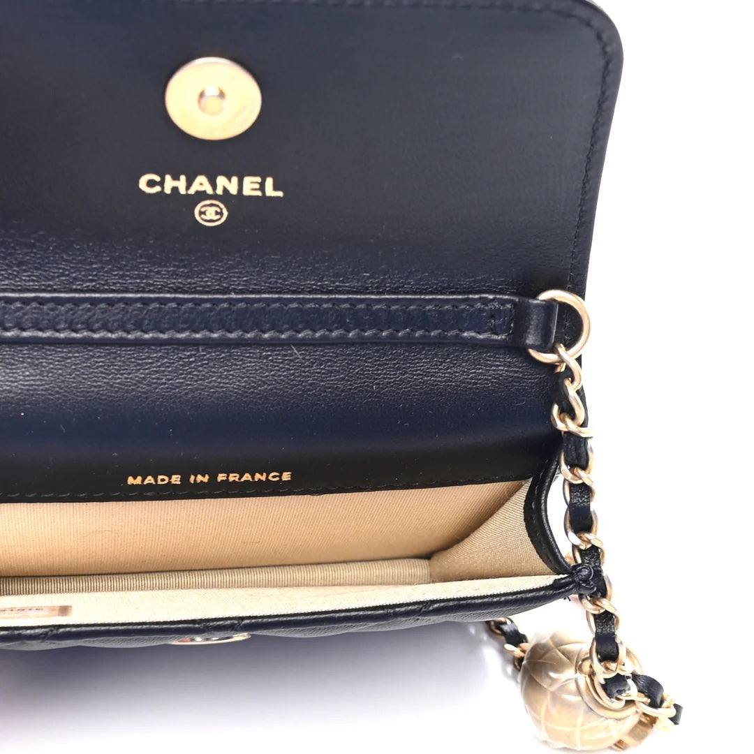 CHANEL QUILTED LAMBSKIN PEARL CRUSH MINI WALLET ON A CHAIN
