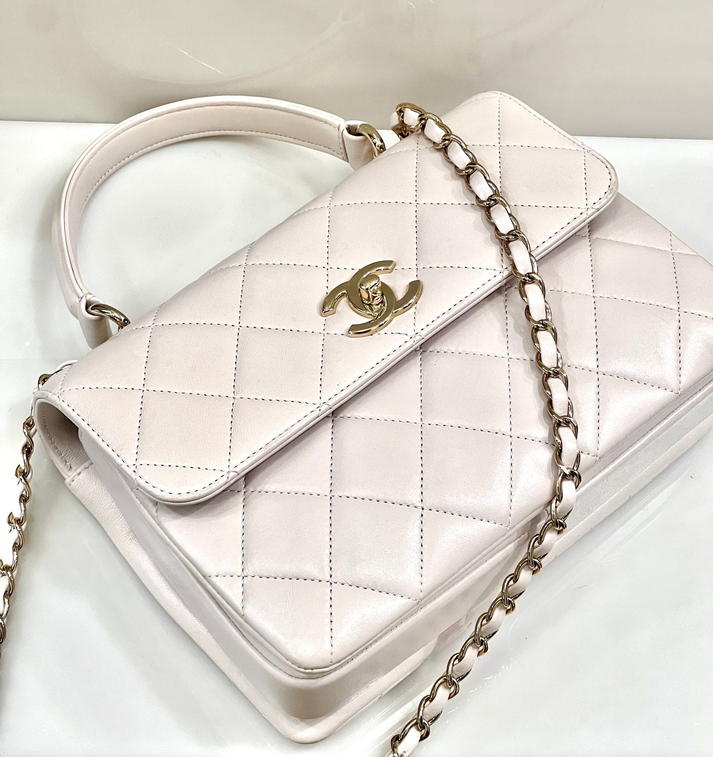 CHANEL QUILTED LAMBSKIN SMALL TRENDY CC HANDLE FLAP BAG PALE PINK