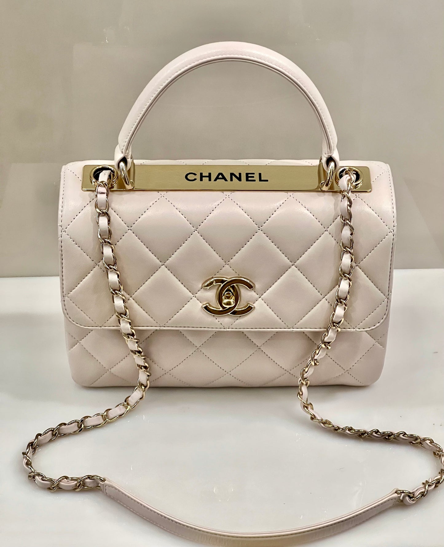 CHANEL QUILTED LAMBSKIN SMALL TRENDY CC HANDLE FLAP BAG PALE PINK
