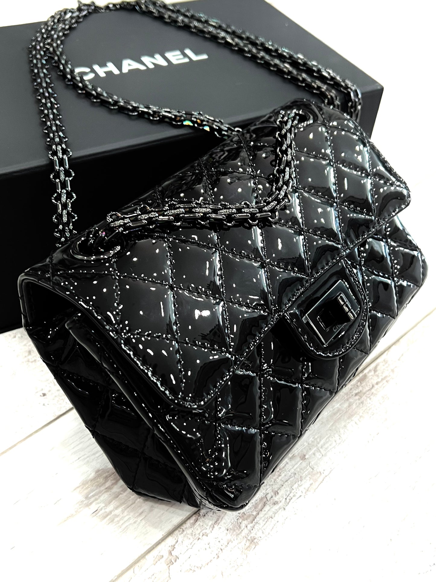 CHANEL QUILTED PATENT LEATHER REISSUE SO BLACK MINI FLAP BAG