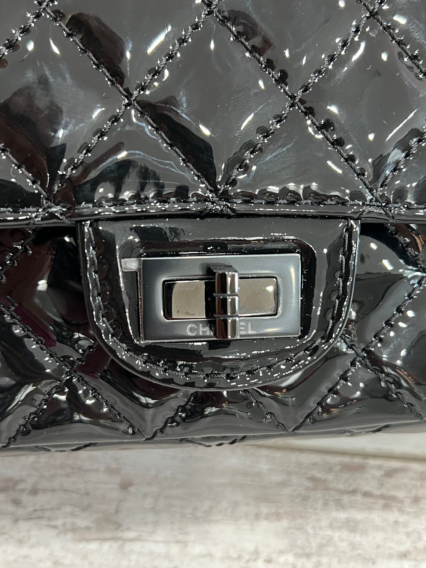 CHANEL QUILTED PATENT LEATHER REISSUE SO BLACK MINI FLAP BAG