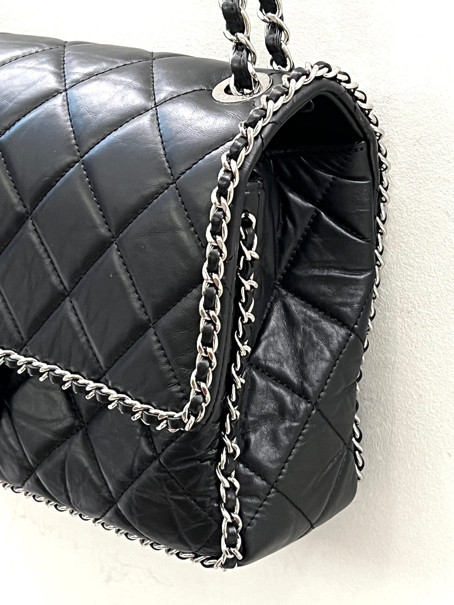 CHANEL QUILTED CRUMPLED LAMBSKIN RUNNING CHAIN FLAP JUMBO BAG