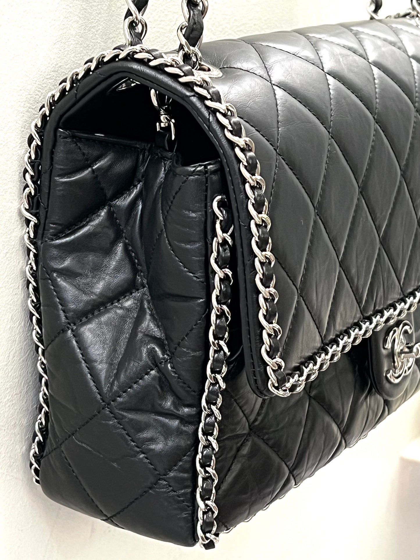 CHANEL QUILTED CRUMPLED LAMBSKIN RUNNING CHAIN FLAP JUMBO BAG