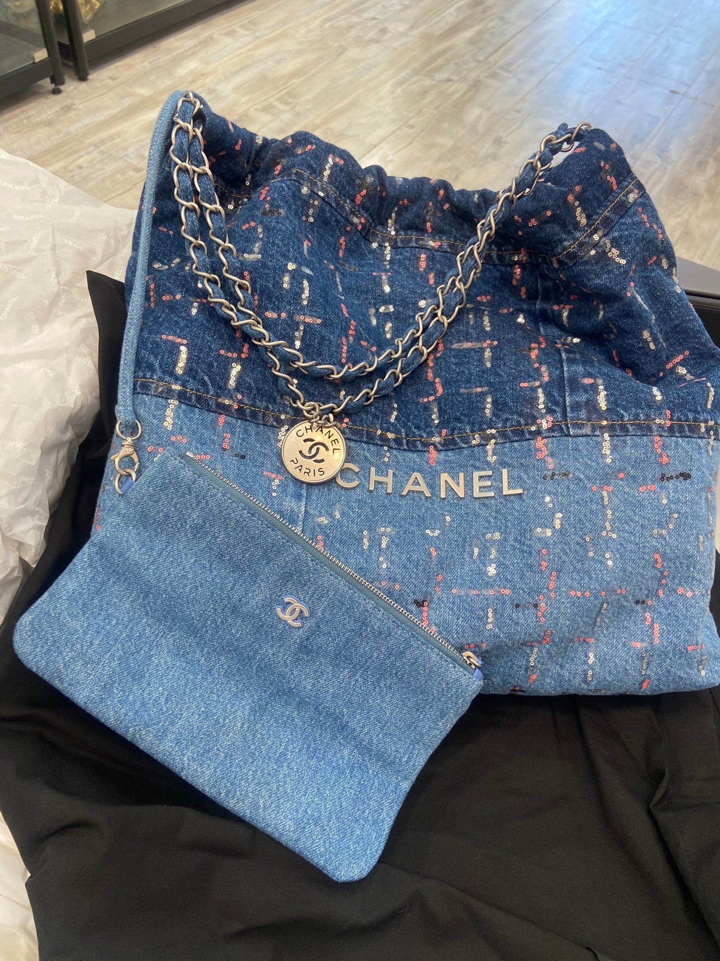 CHANEL DENIM SEQUIN 22 HOBO BAG