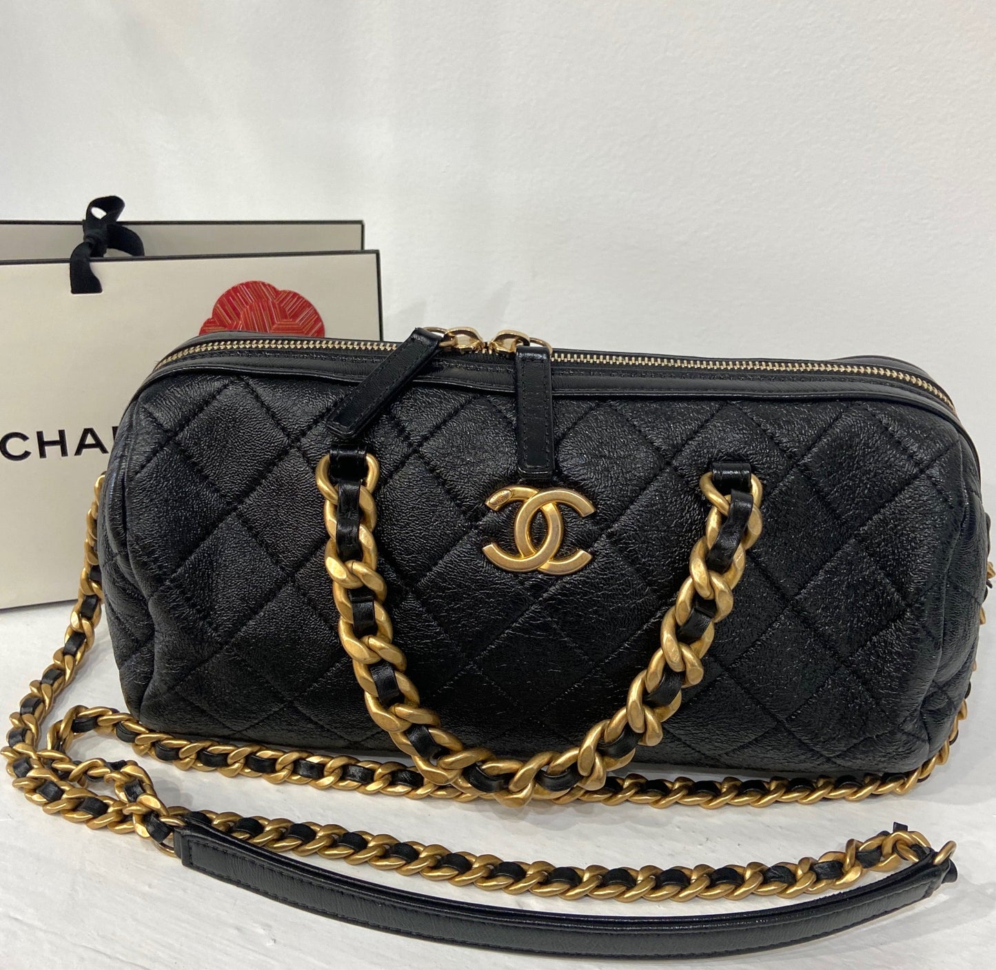 CHANEL CC SHINY QUILTED LAMBSKIN MINI BOWLING BAG