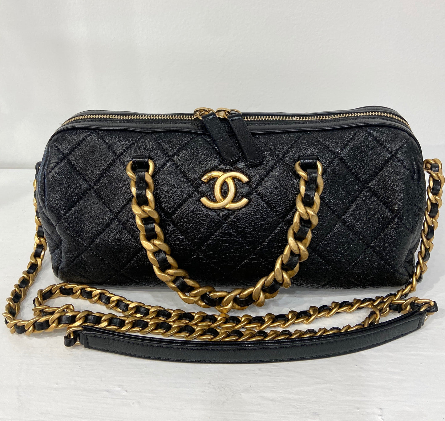 CHANEL CC SHINY QUILTED LAMBSKIN MINI BOWLING BAG