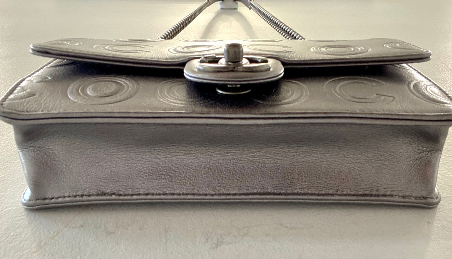 CHANEL METALLIC SILVER CALFSKIN COCO EMBOSSED SHOULDER BAG