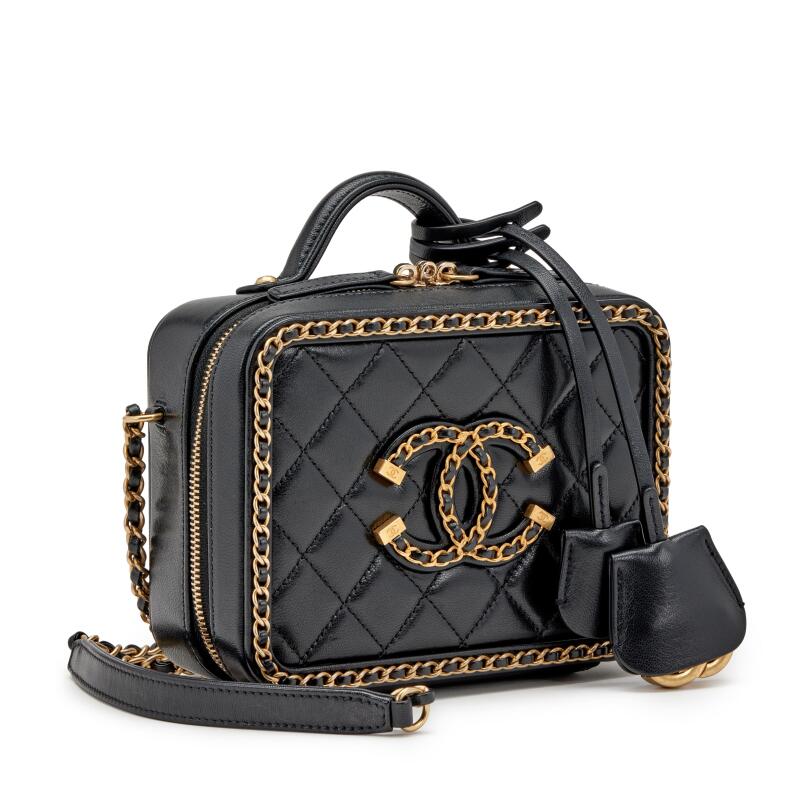 CHANEL SMALL CHAIN AROUND FILIGREE VANITY CASE W/ STRAP