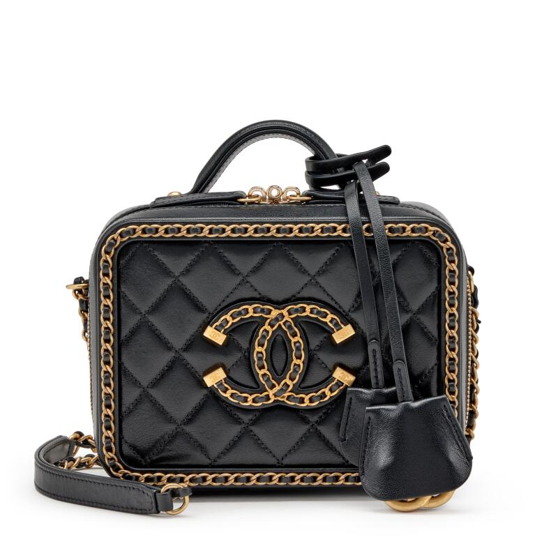 CHANEL SMALL CHAIN AROUND FILIGREE VANITY CASE W/ STRAP