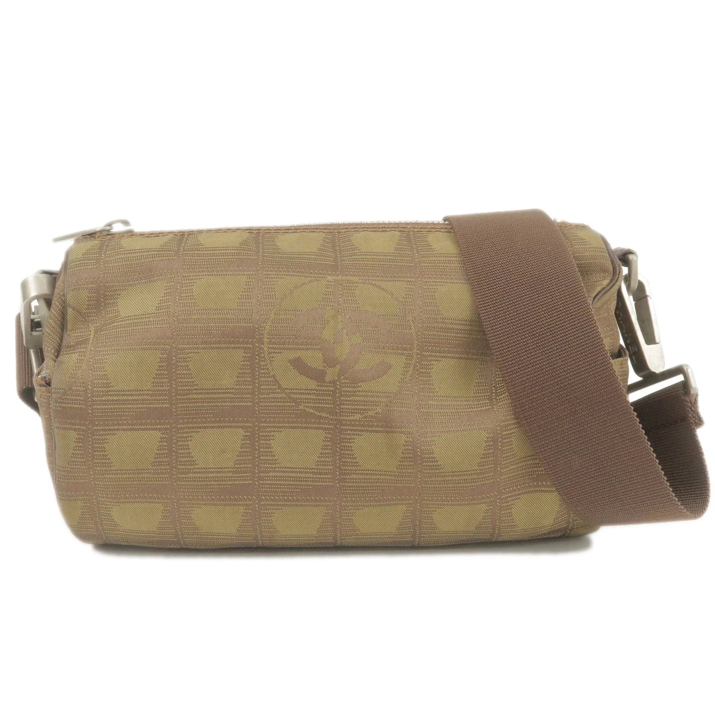 CHANEL TRAVEL LINE NYLON JACQUARD LEATHER MINI ROLL BAG