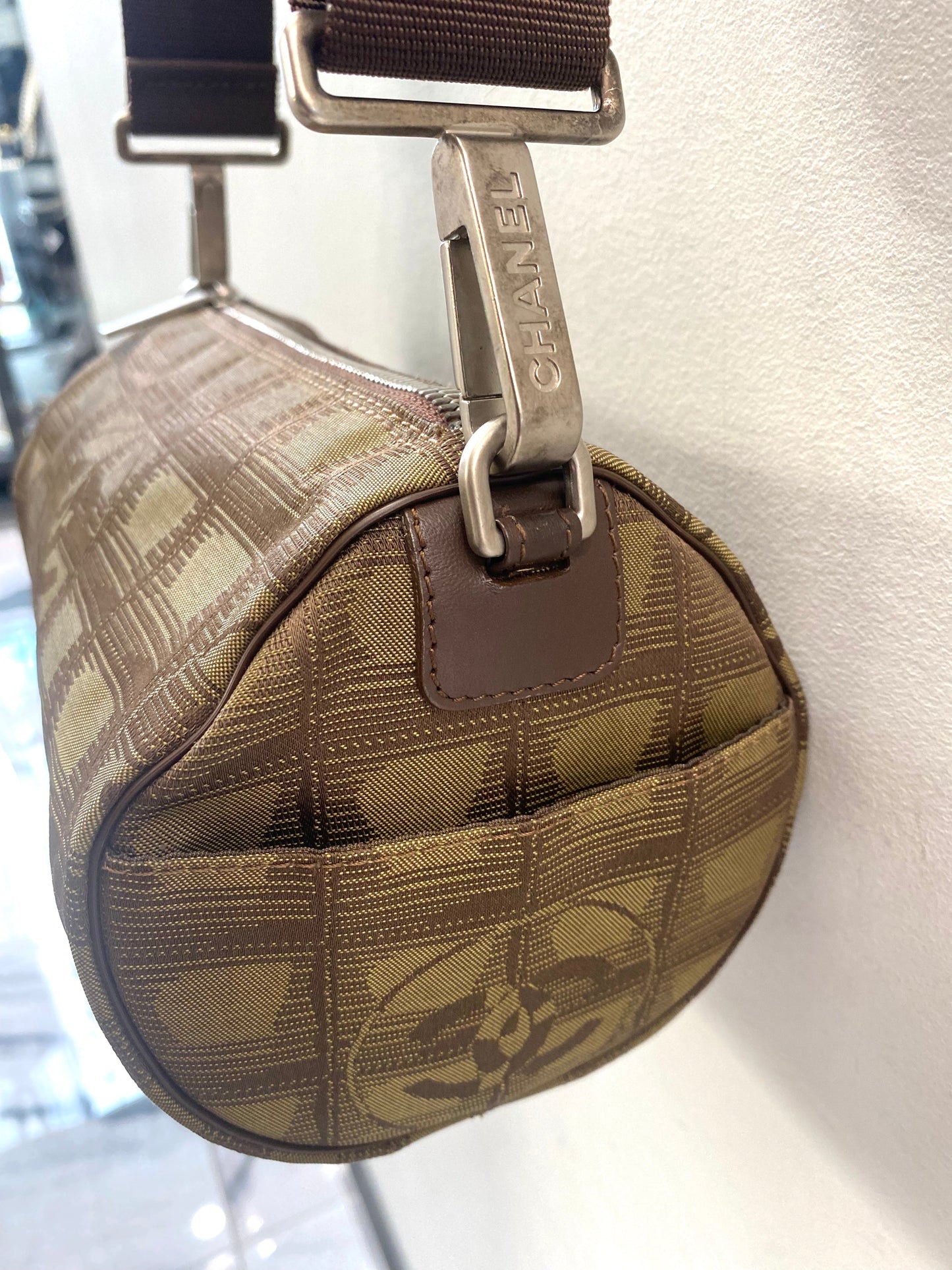 CHANEL TRAVEL LINE NYLON JACQUARD LEATHER MINI ROLL BAG