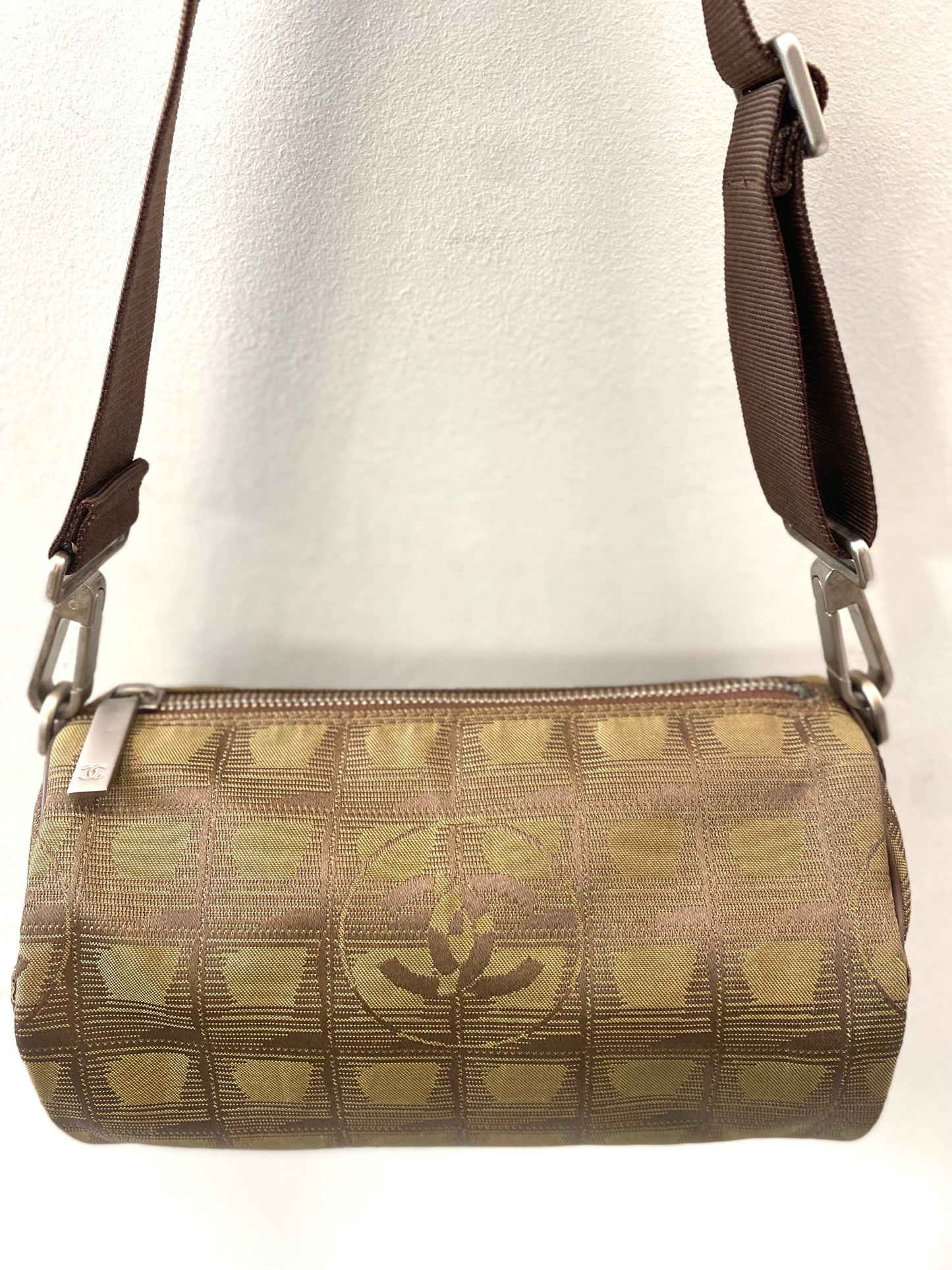 CHANEL TRAVEL LINE NYLON JACQUARD LEATHER MINI ROLL BAG
