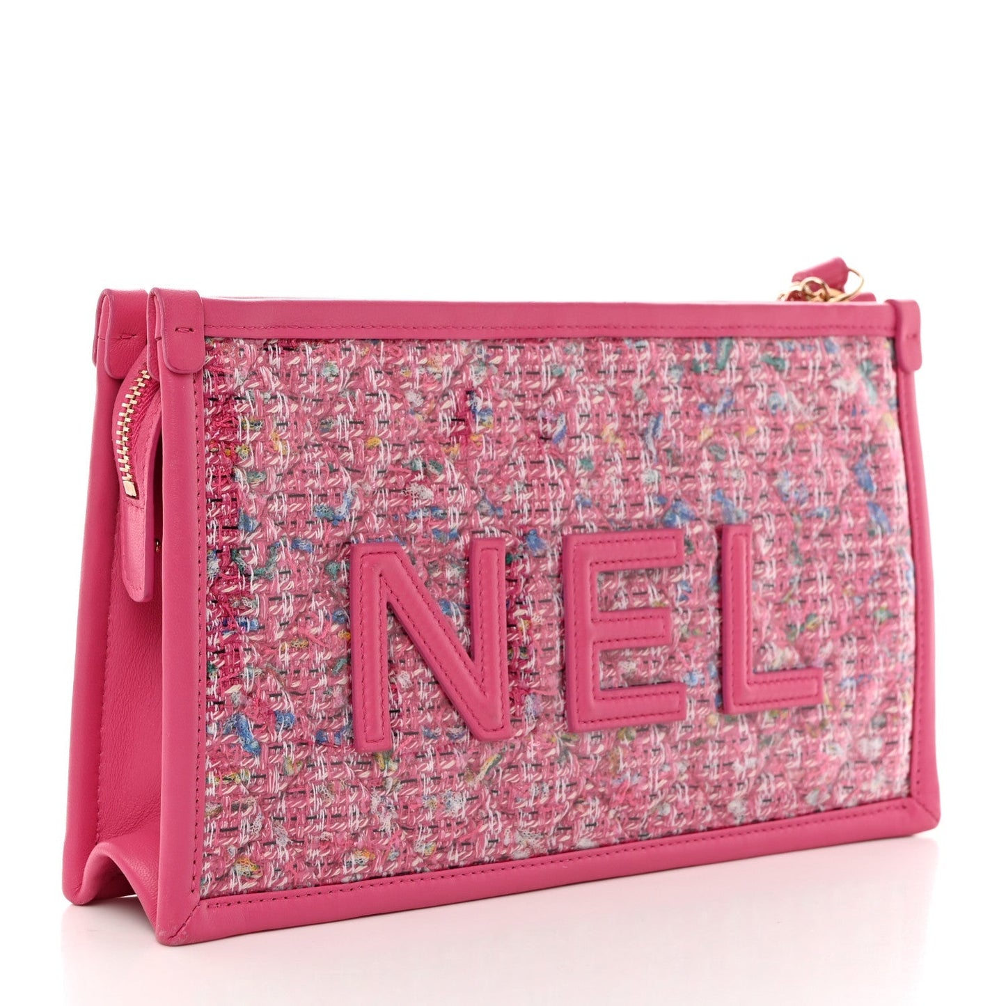 CHANEL TWEED PVC LAMBSKIN LEATHER WRISTLET CLUTCH