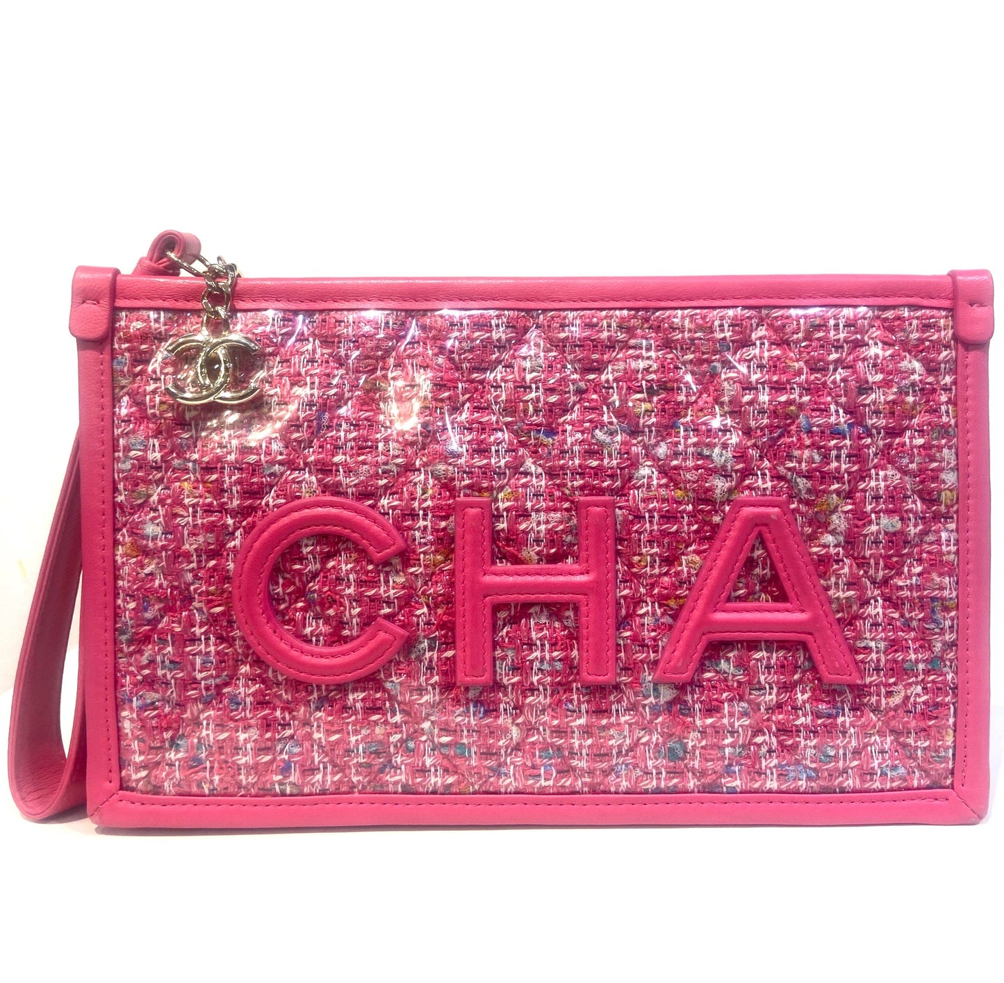CHANEL TWEED PVC LAMBSKIN LEATHER WRISTLET CLUTCH