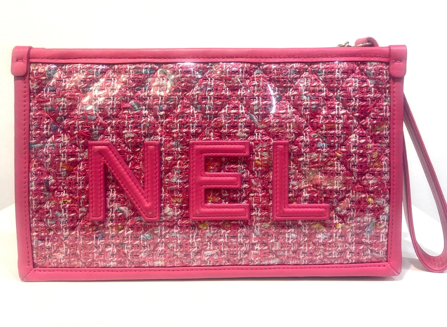 CHANEL TWEED PVC LAMBSKIN LEATHER WRISTLET CLUTCH