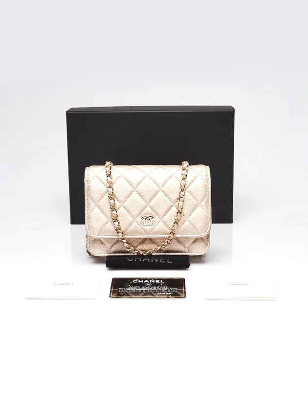 CHANEL METALLIC GOLD QUILTED CAVIAR WALLET ON A CHAIN-HS