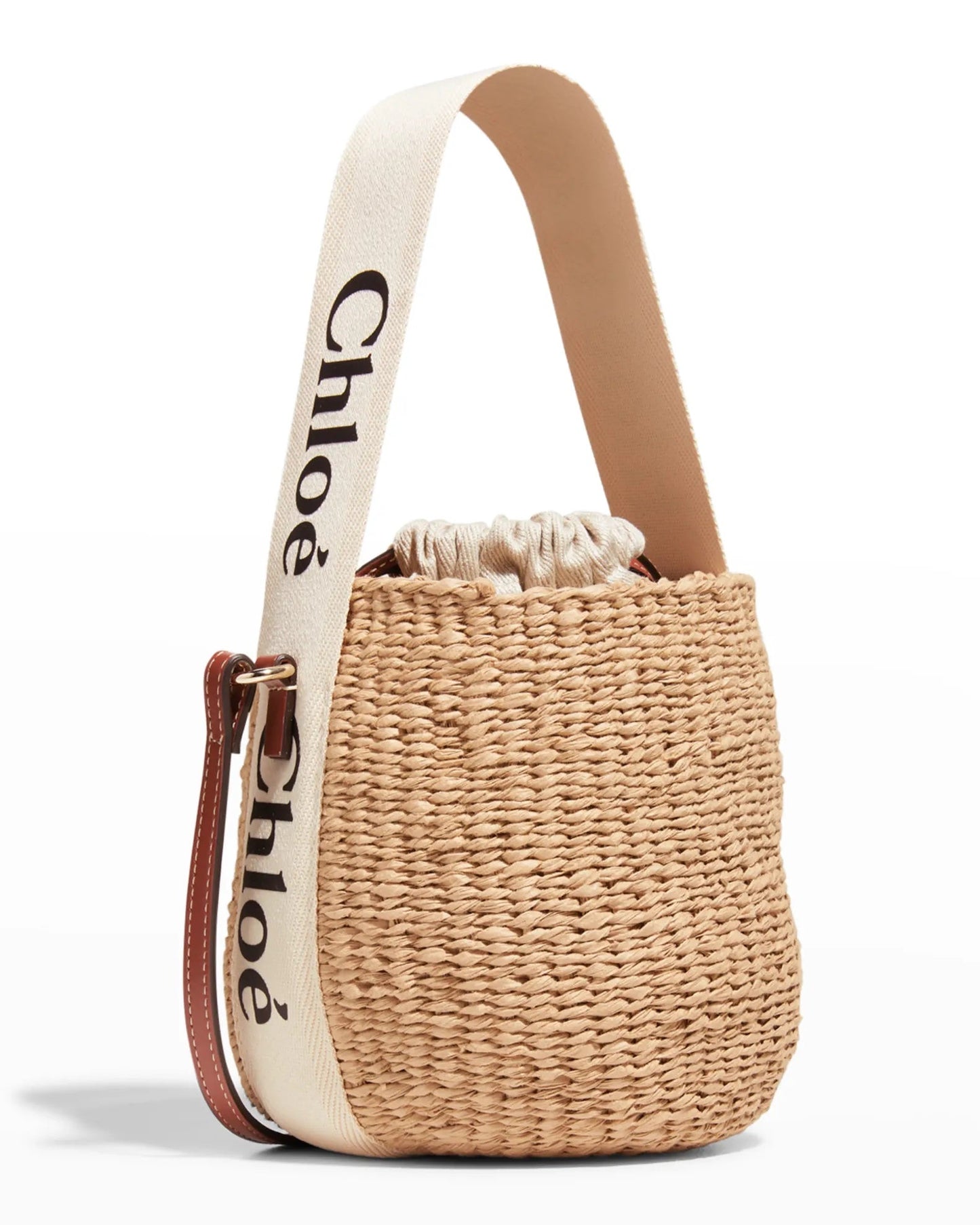 CHLOÉ BEIGE & OFF WHITE SMALL WOODY BASKET BAG
