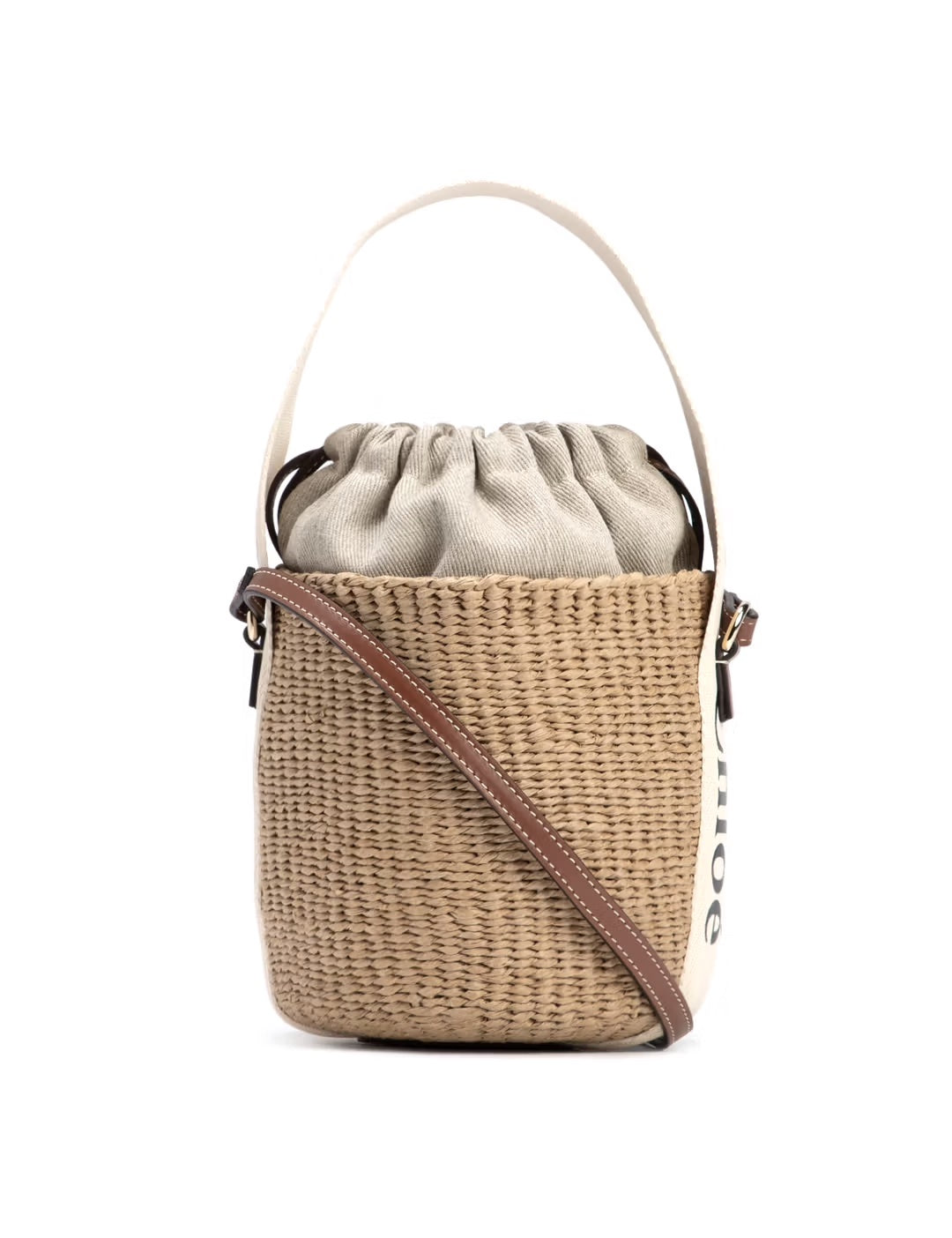 CHLOÉ BEIGE & OFF WHITE SMALL WOODY BASKET BAG