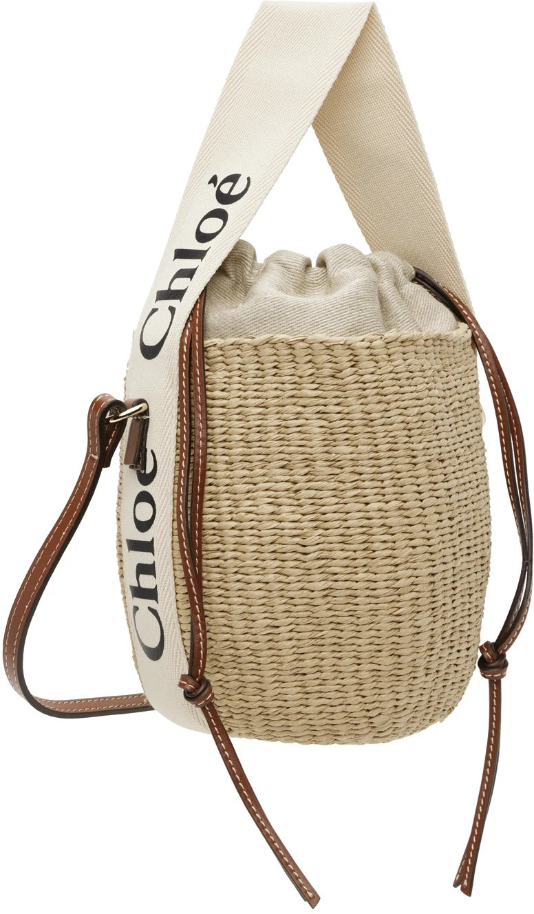 CHLOÉ BEIGE & OFF WHITE SMALL WOODY BASKET BAG