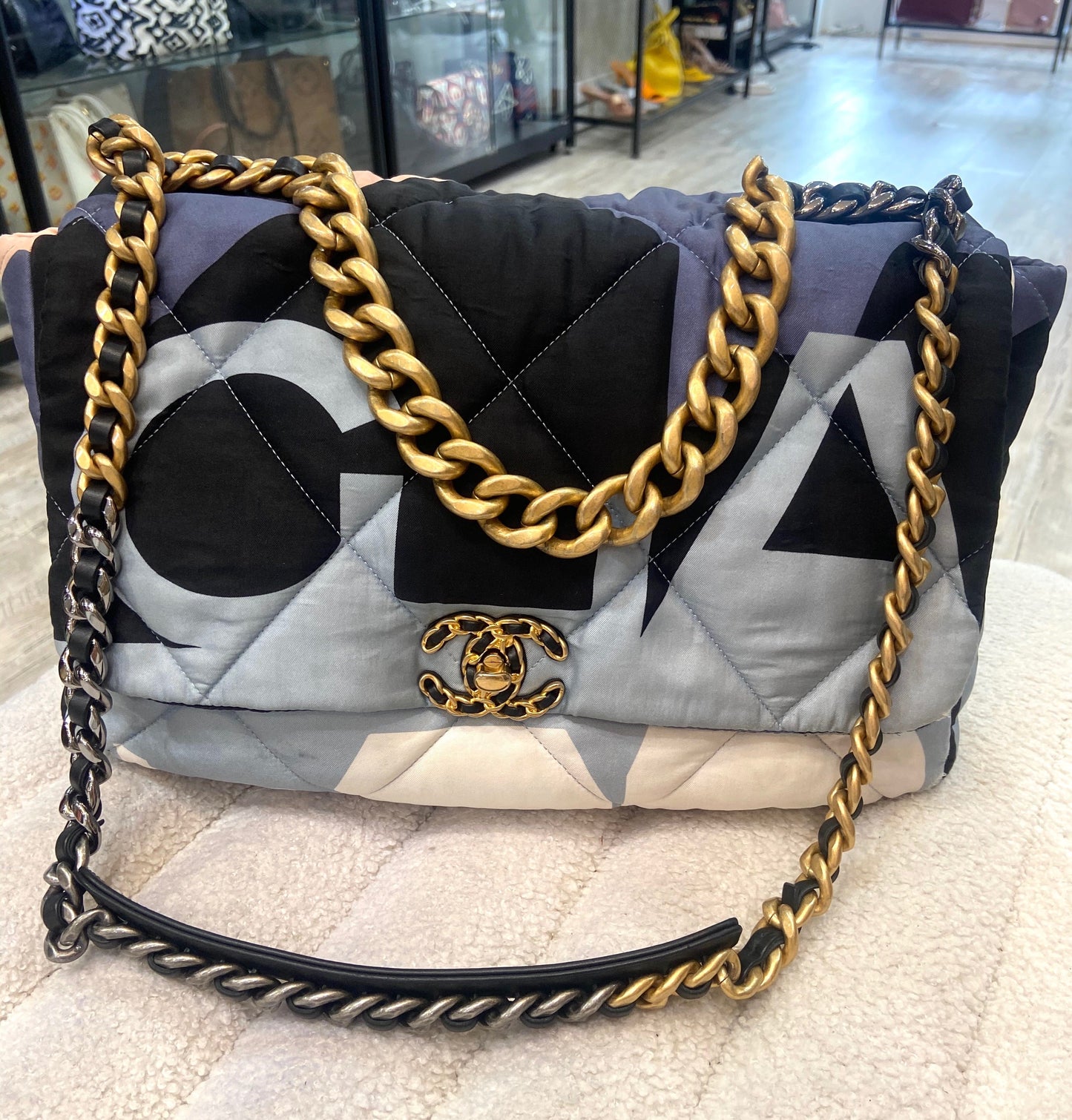 CHANEL CC QUILTED PRINTED SILK MAXI 19 FLAP BAG