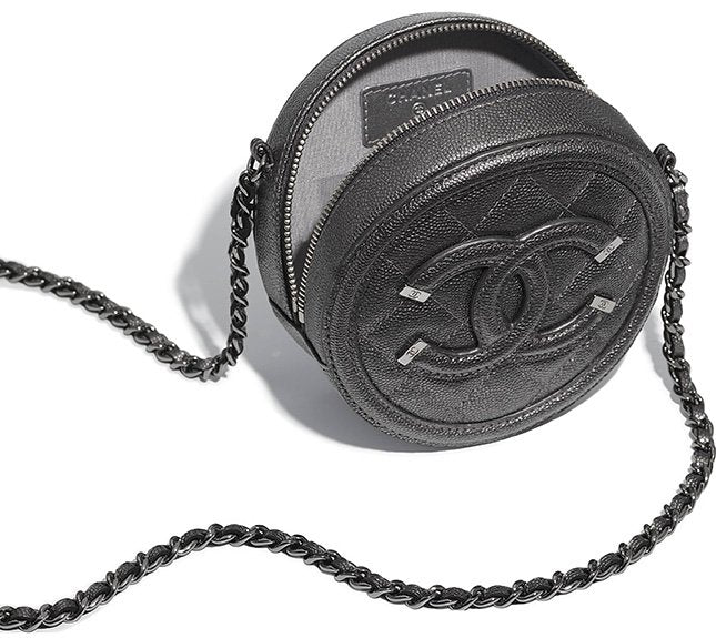 CHANEL CC CAVIAR LEATHER FILIGREE ROUND CHAIN CLUTCH BAG
