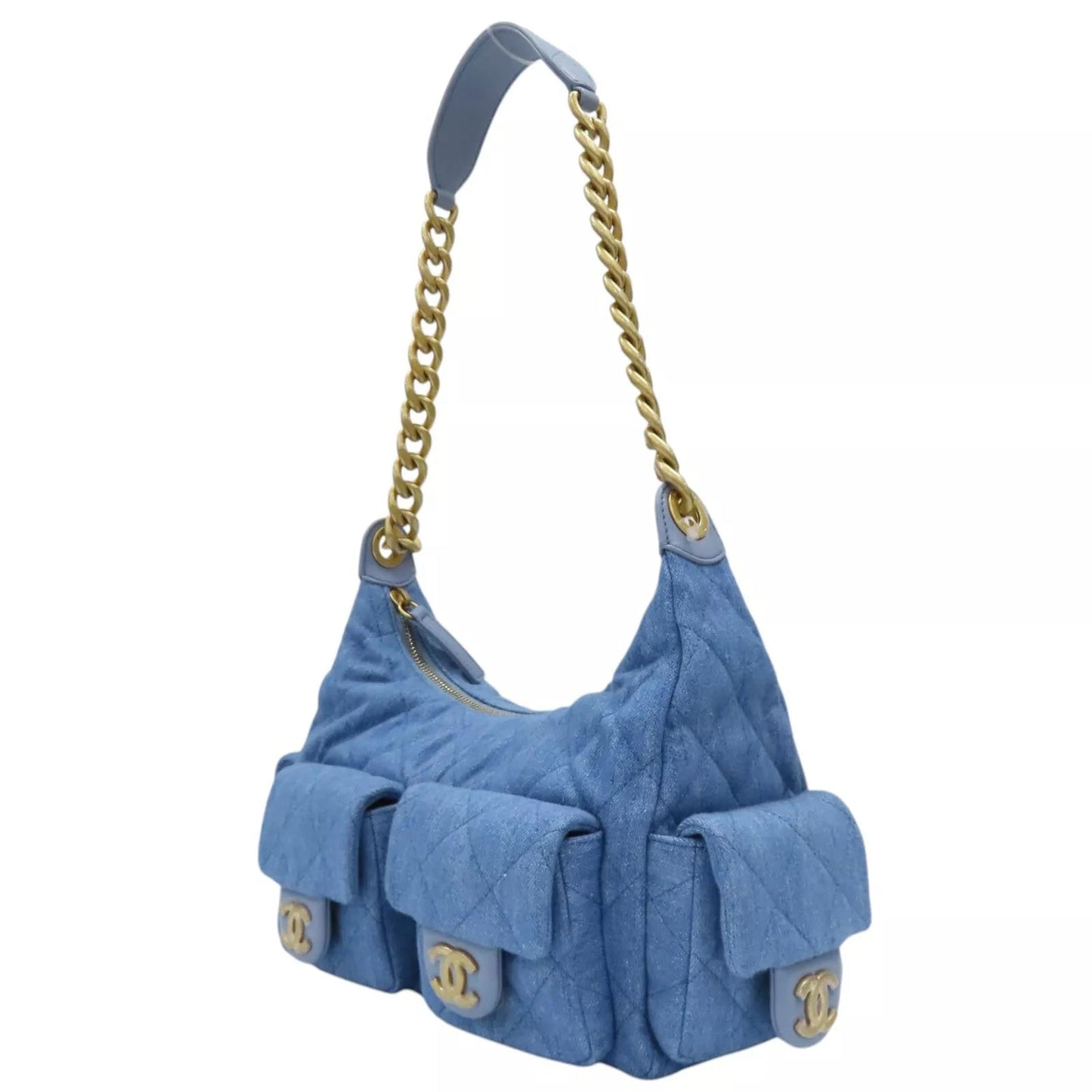 CHANEL LARGE CARGO QUILTED WASHED DENIM HOBO BAG