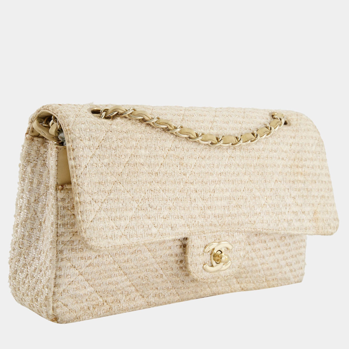 CHANEL CLASSIC DOUBLE FLAP TWEED IVORY GOLD CHAMPAGNE GOLD HARDWARE-HS