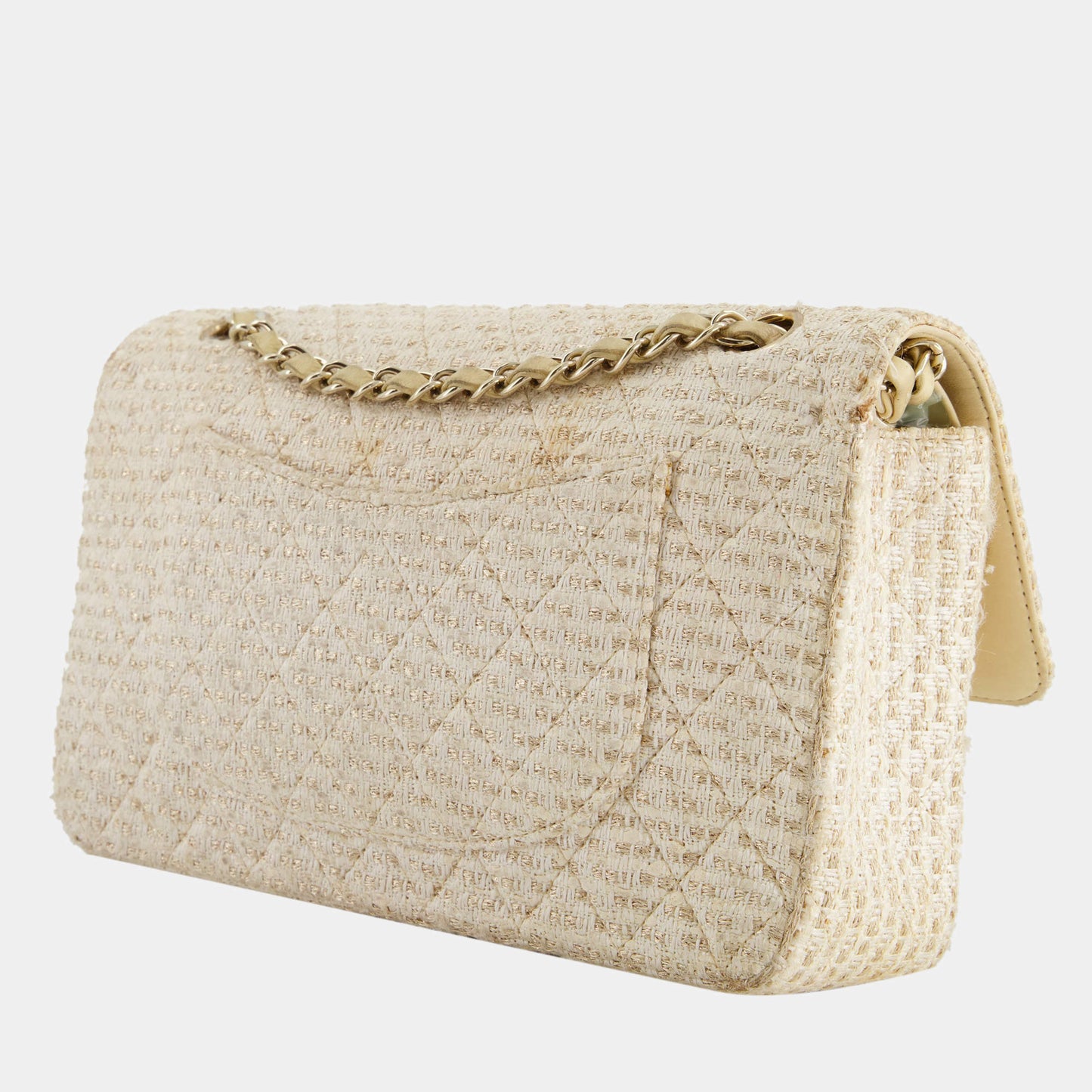 CHANEL CLASSIC DOUBLE FLAP TWEED IVORY GOLD CHAMPAGNE GOLD HARDWARE-HS