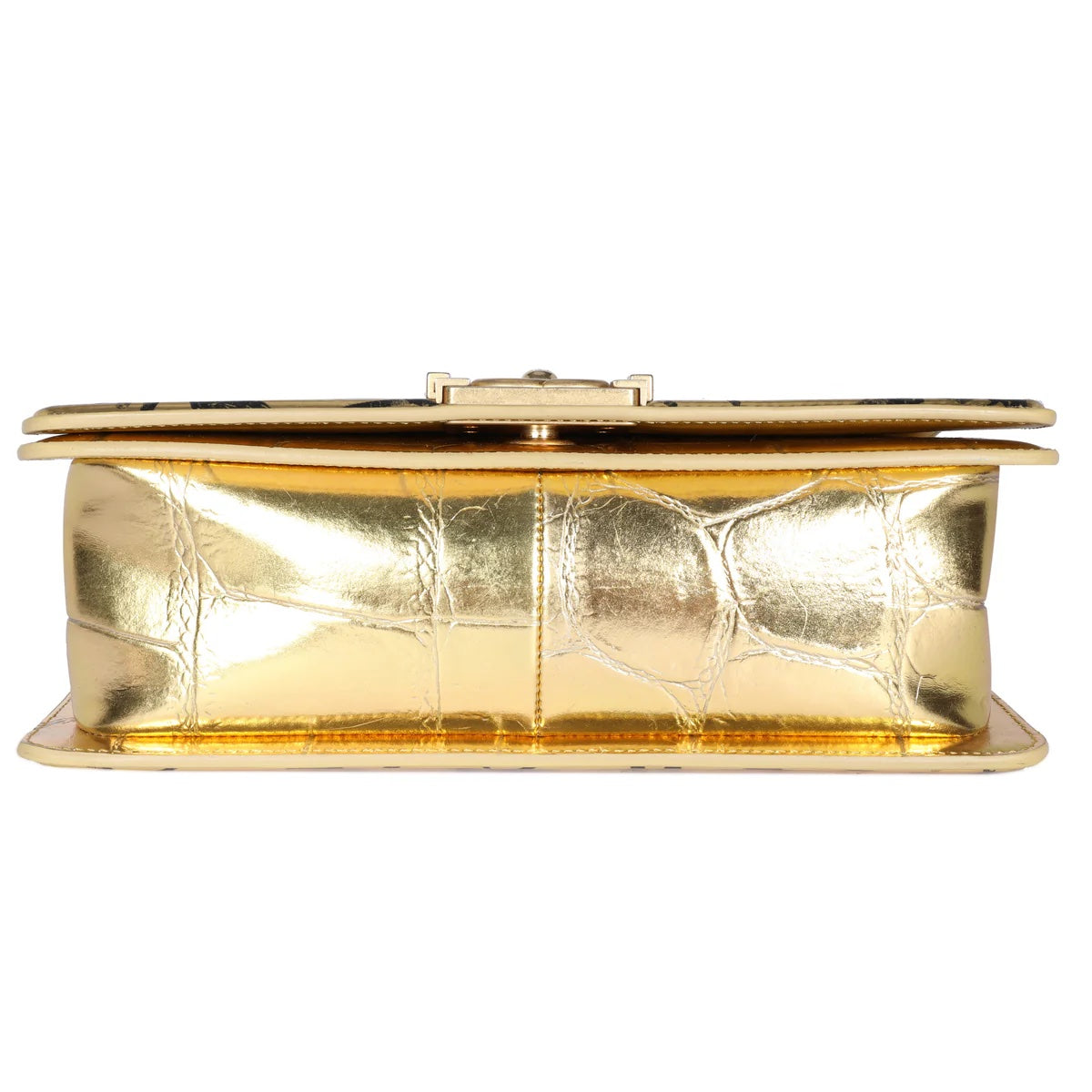 CHANEL SMALL METALLIC CALFSKIN CROC EMBOSSED PRINTED GOLD BOY BAG