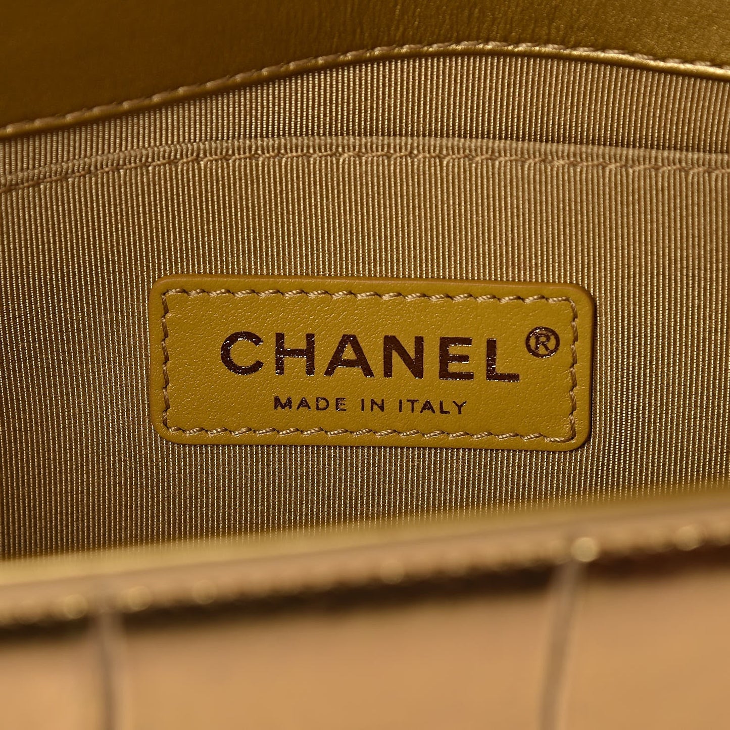 CHANEL SMALL METALLIC CALFSKIN CROC EMBOSSED PRINTED GOLD BOY BAG