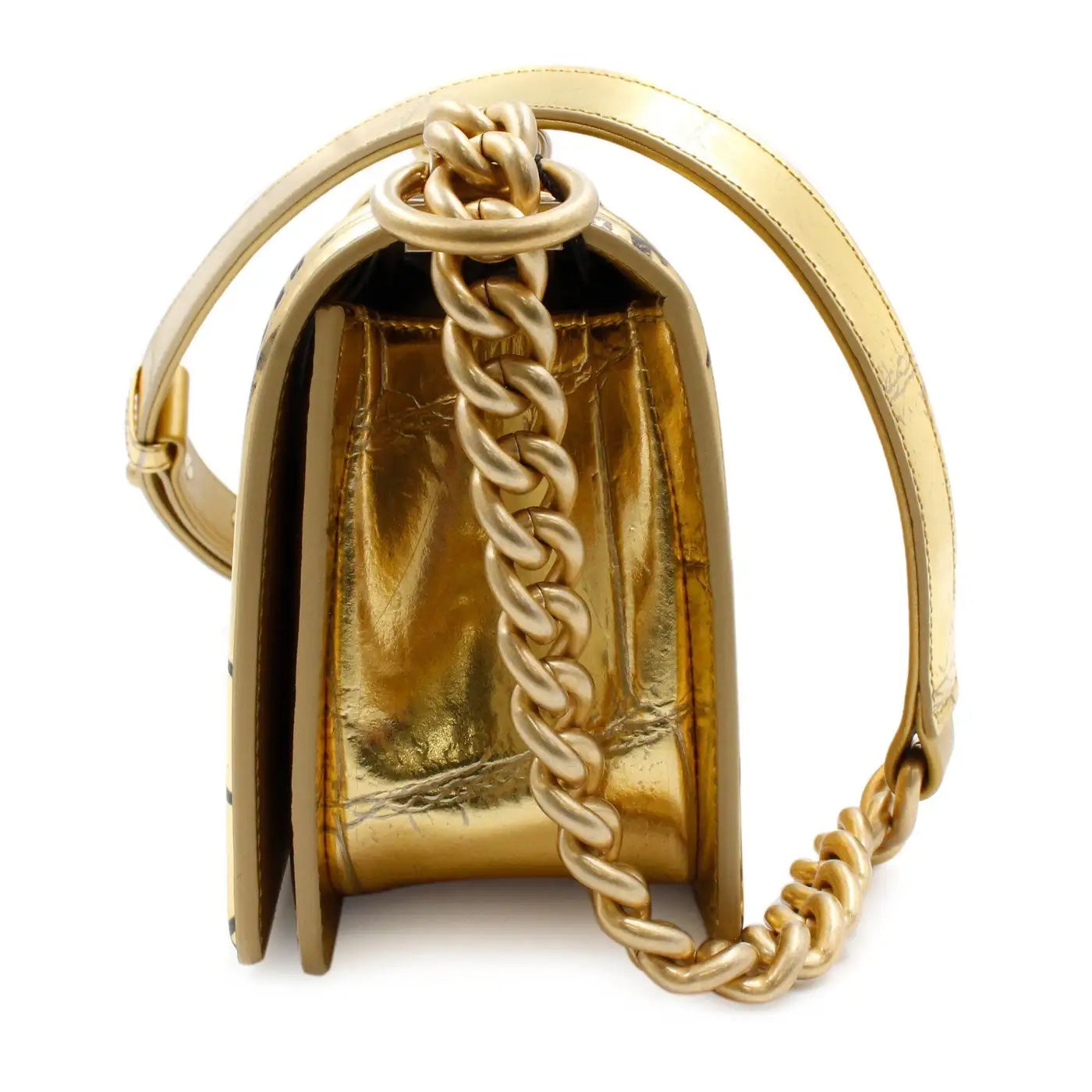 CHANEL SMALL METALLIC CALFSKIN CROC EMBOSSED PRINTED GOLD BOY BAG