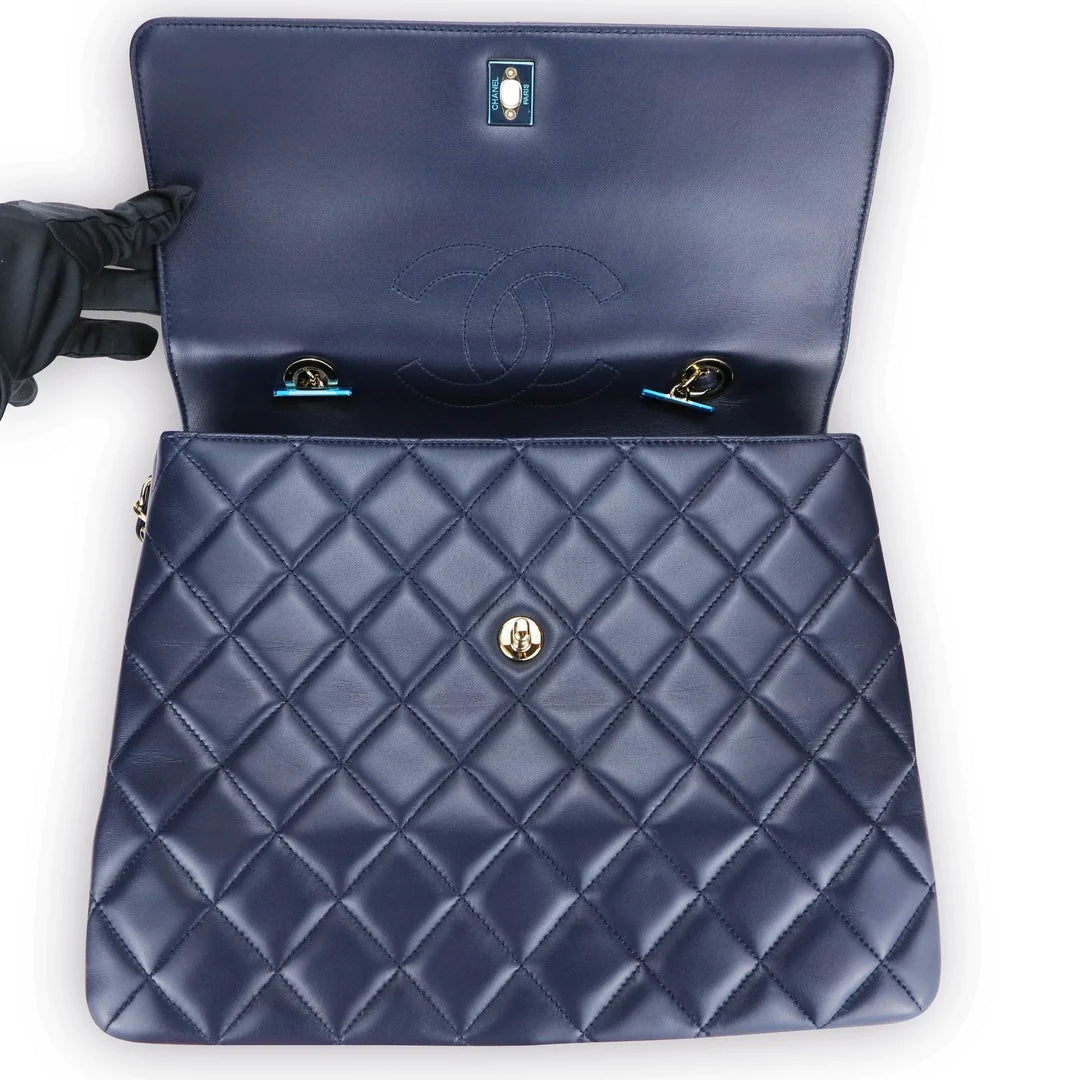 CHANEL QUILTED NAVY LAMBSKIN LEATHER TRENDY CC HANDLE FLAP BAG-HS