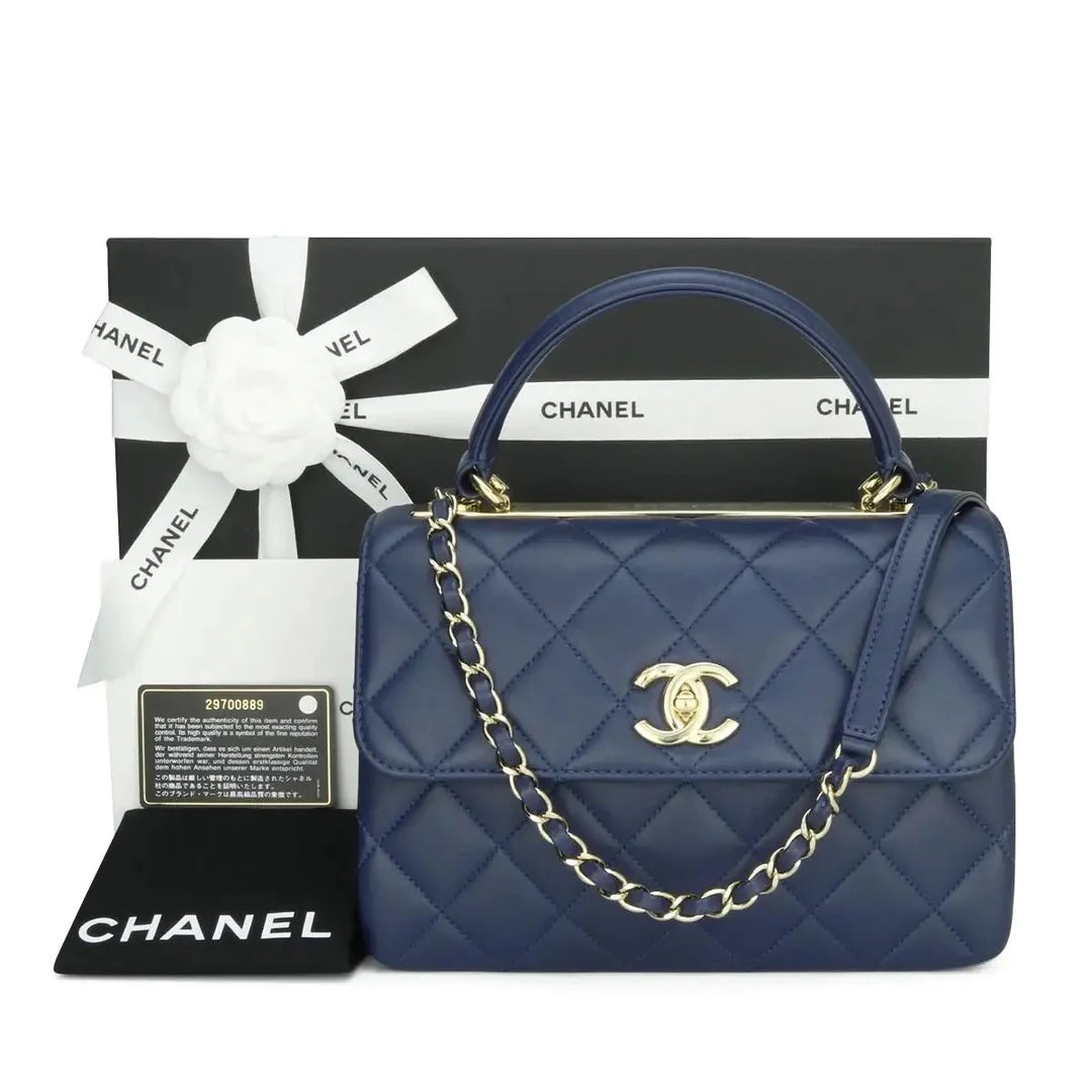 CHANEL QUILTED NAVY LAMBSKIN LEATHER TRENDY CC HANDLE FLAP BAG-HS