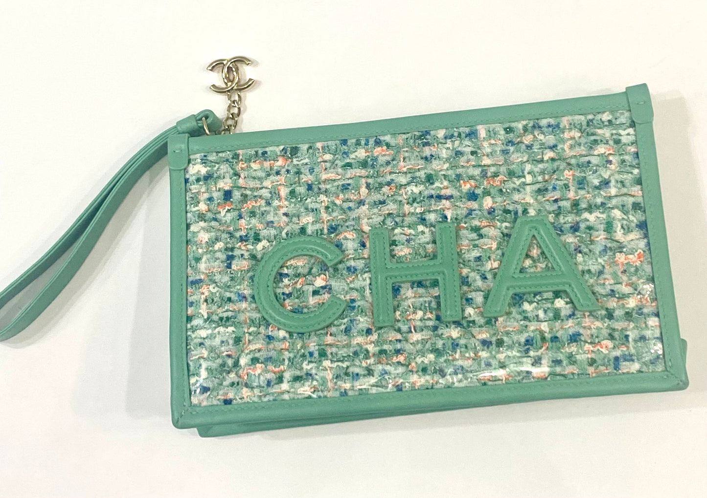 CHANEL TWEED LAMBSKIN  PVC POUCH CLUTCH BAG