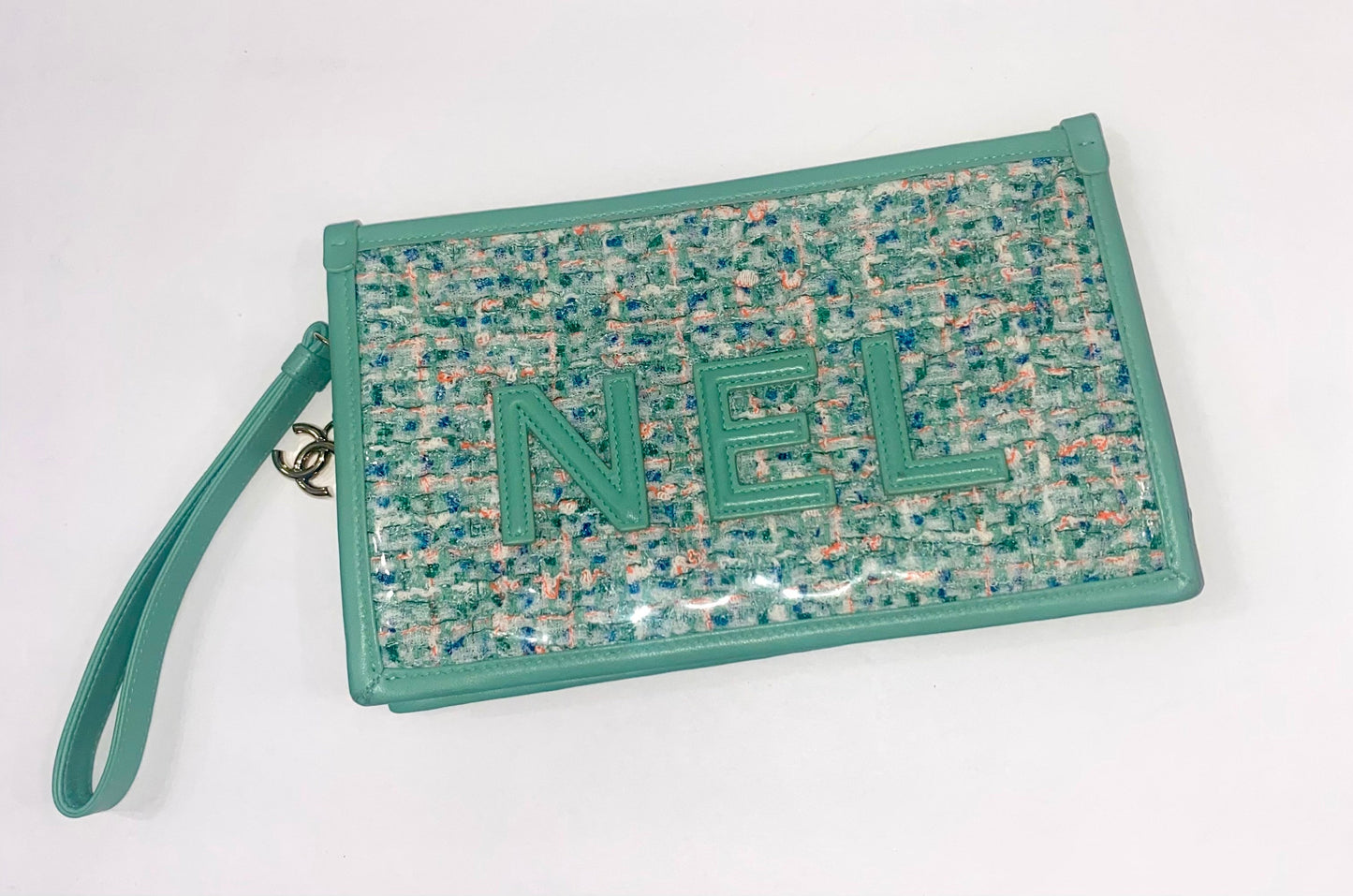 CHANEL TWEED LAMBSKIN  PVC POUCH CLUTCH BAG