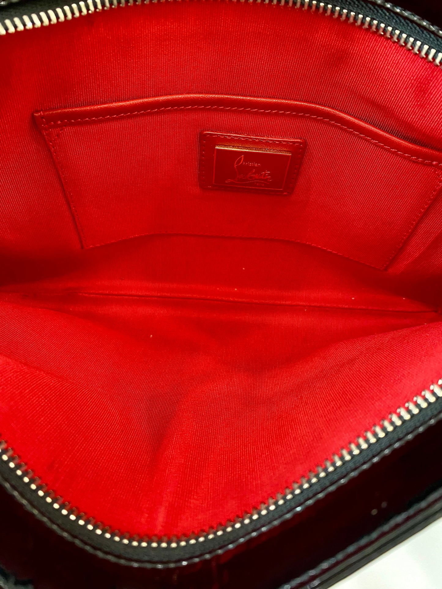 LOUBOUTIN LOUBIPOSH SPIKED PATENT LEATHER CHAIN BAG